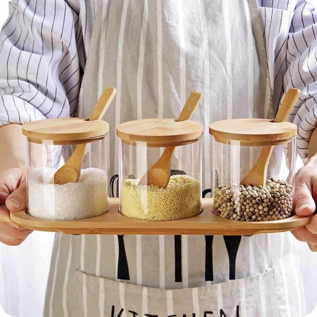 Bocaux à épices plateau bambou rectangulaire cuillères incluses Aroméa Trio