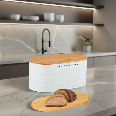 Rangement pain métal blanc avec couvercle bambou Miebox