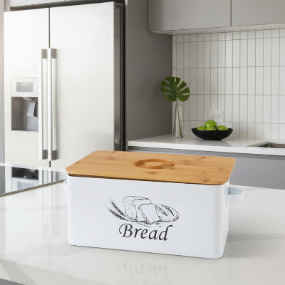 boite a pain en metal blanc avec couvercle bambou Painelia