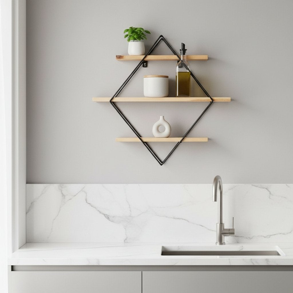 etagere murale en bois pour cuisine rangement losange decorative 3Niveaux