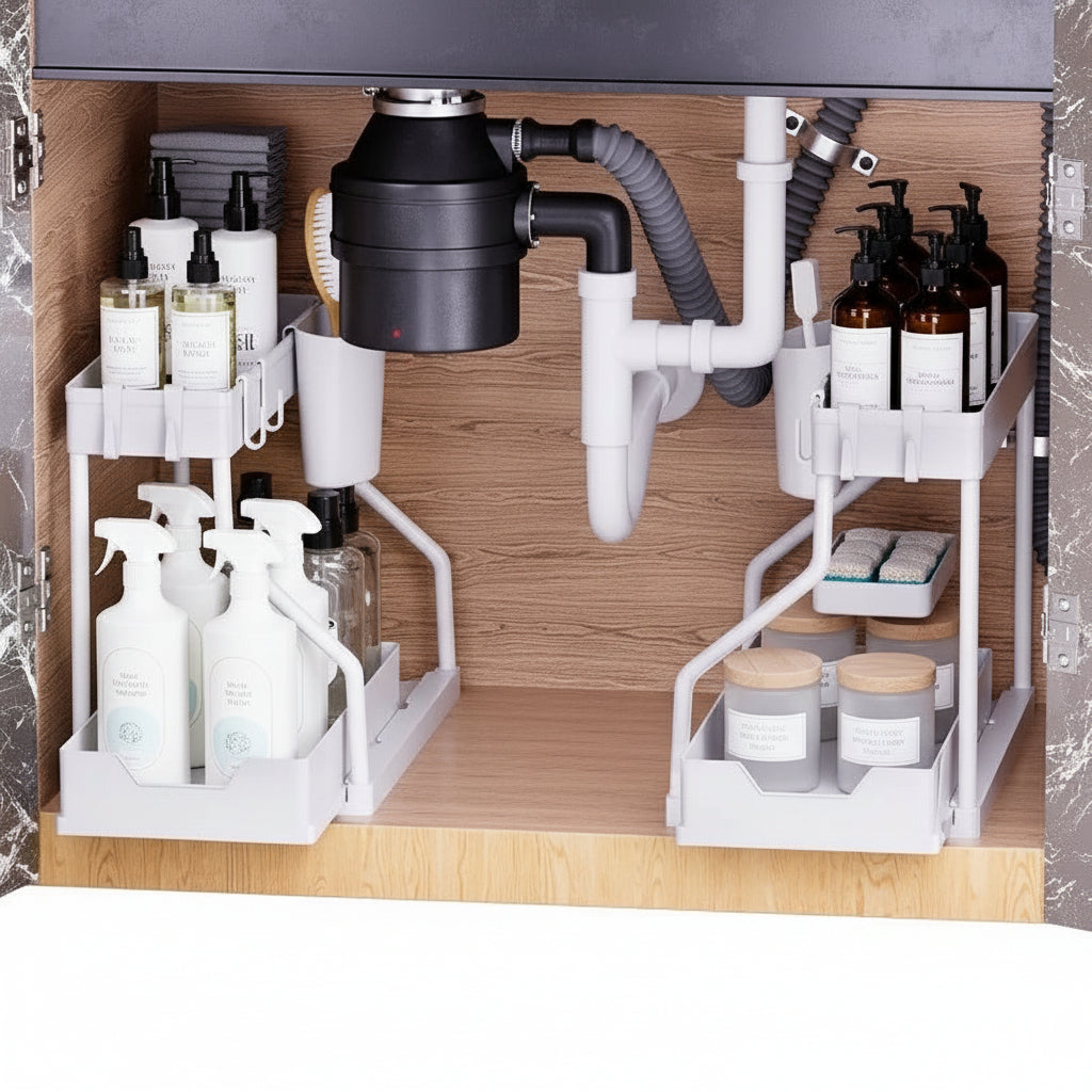 Rangement coulissant sous evier lot de 2 blanc épuré FlexiSink