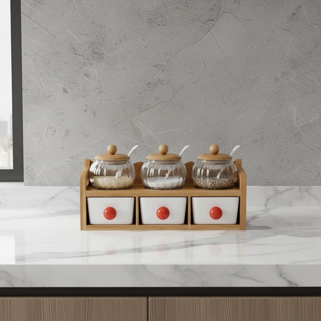 rangement pour epice verre transparent couvercle bambou 2niveaux poignee orange