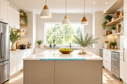 Cuisine rangée lumineuse avec îlot et plan de travail dégagé