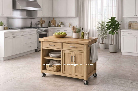 Desserte de cuisine en bois garnie fruits ustensiles assiettes panier