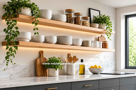 Etagere murale cuisine en bois chargée de vaisselle et bocaux