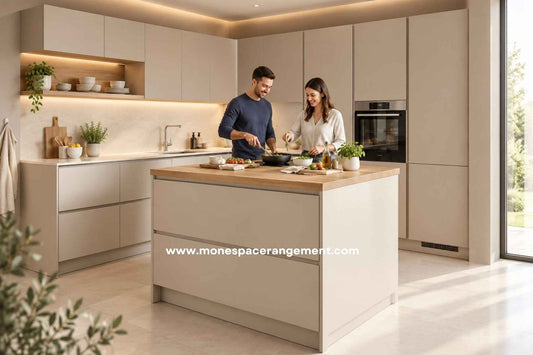 Ilot central petite cuisine couple preparant repas plan de travail
