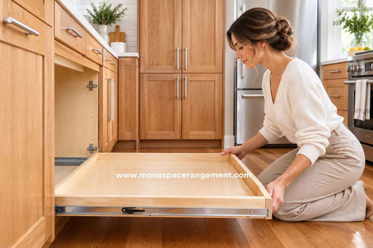 Panier coulissant cuisine sorti du placard pres de la charniere