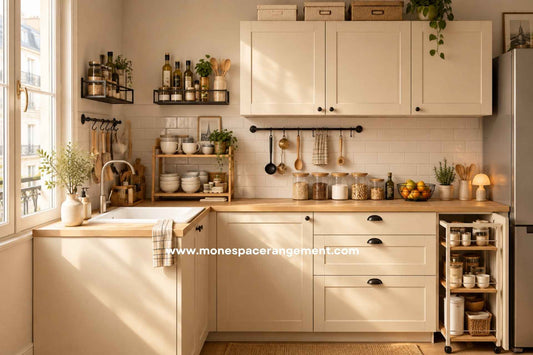 Petite cuisine rangée étagères barre de crédence et bocaux