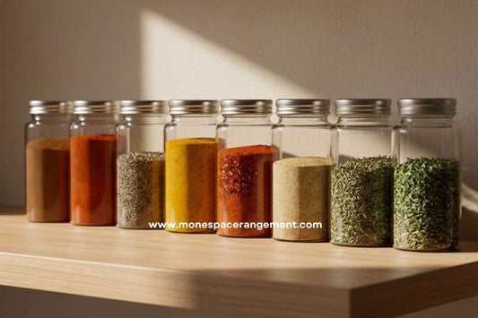 Pots d’épices au soleil sur une étagère de cuisine