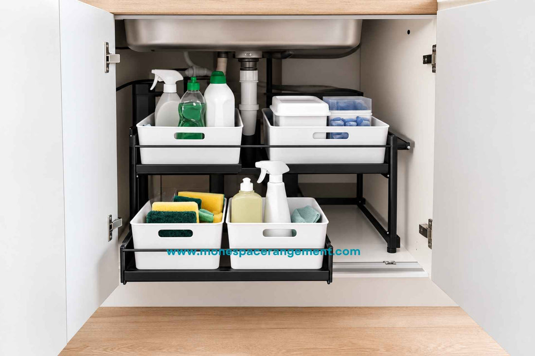 Produits ménagers ranges sous évier dans un organisateur coulissant