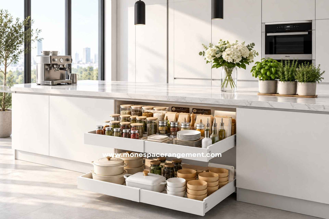 Tiroir coulissant extensible pour cuisine sortis dans un ilot blanc