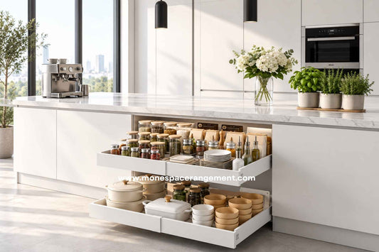 Tiroir coulissant extensible pour cuisine sortis dans un ilot blanc