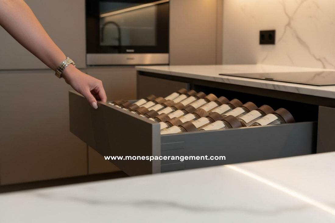 Tiroir a epices ouvert avec pots ranges en diagonale