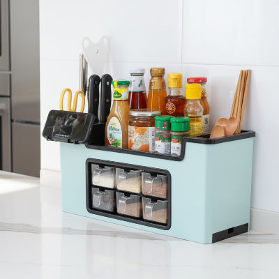 6 tiroirs epices multifunction bleu support telephone ustensiles condiments ChefOrganizePro