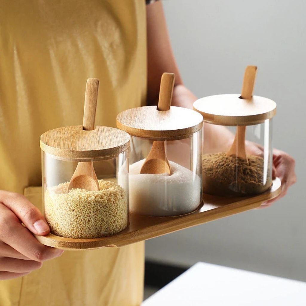 Bocaux à épices femme porte plateau bocaux cuilleres incluses AroméaTrio