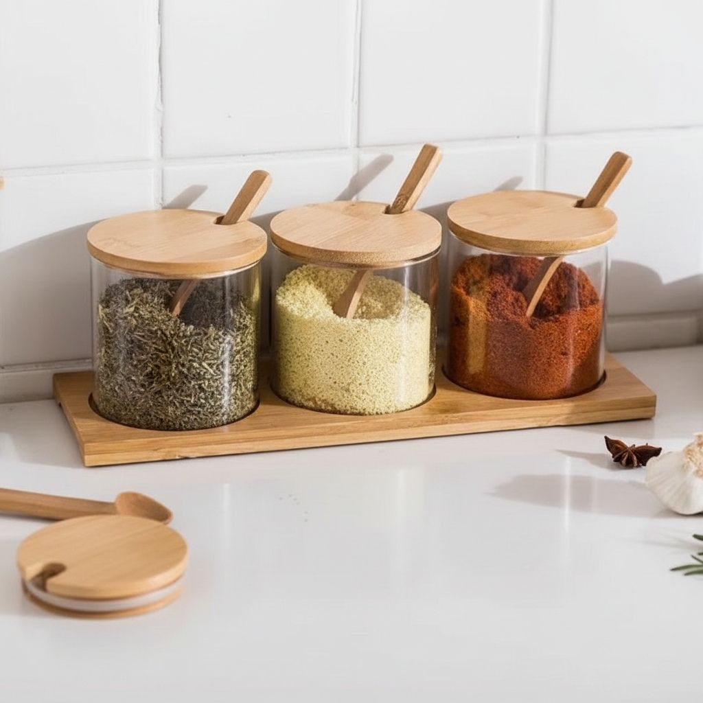 Bocaux à épices plateau bambou ovale cuillères incluses Aroméa Trio