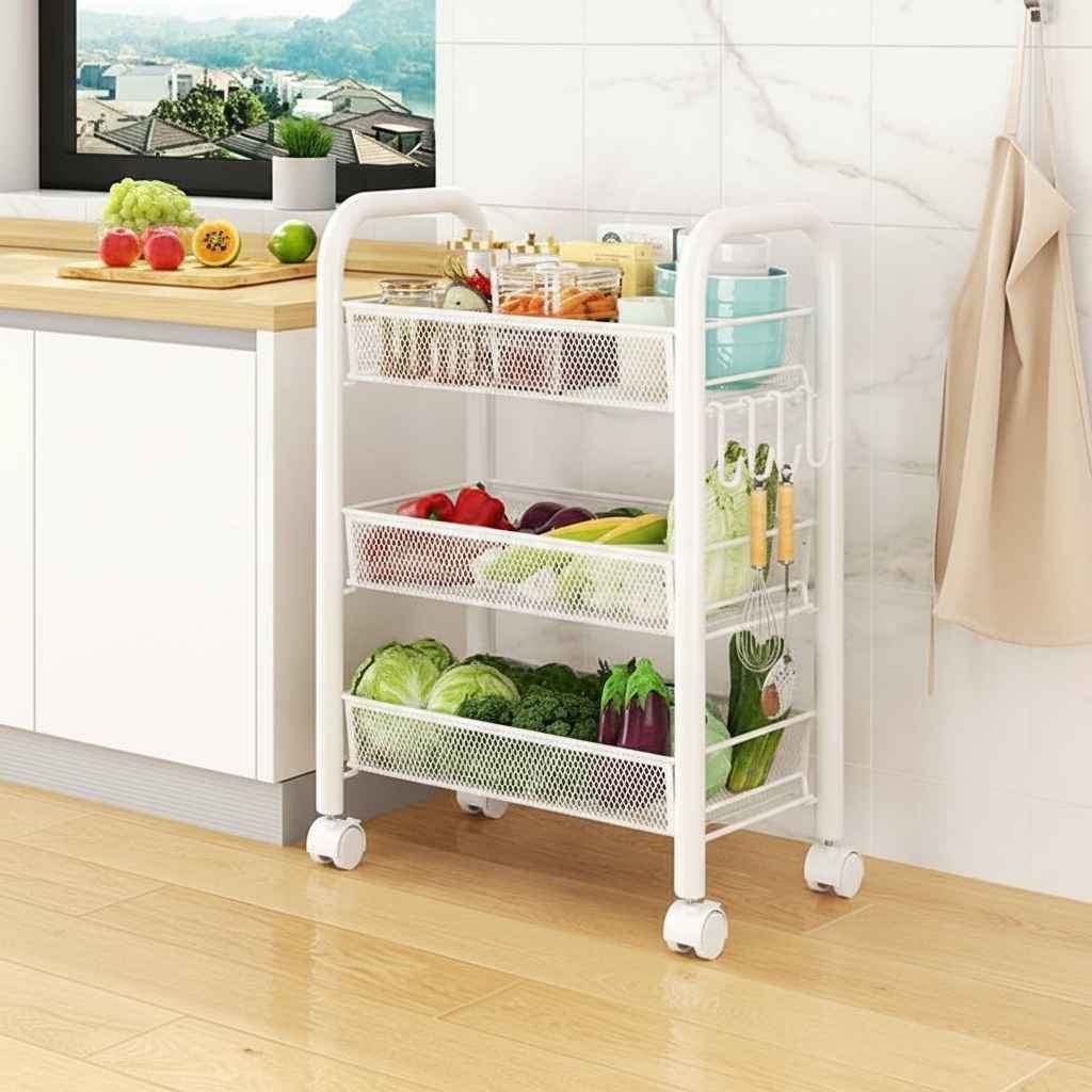 Chariot de rangement cuisine blanc grande capacité orgenza 3 niveaux