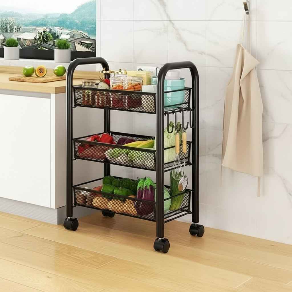 Chariot de rangement cuisine noir grande capacité orgenza 3 niveaux