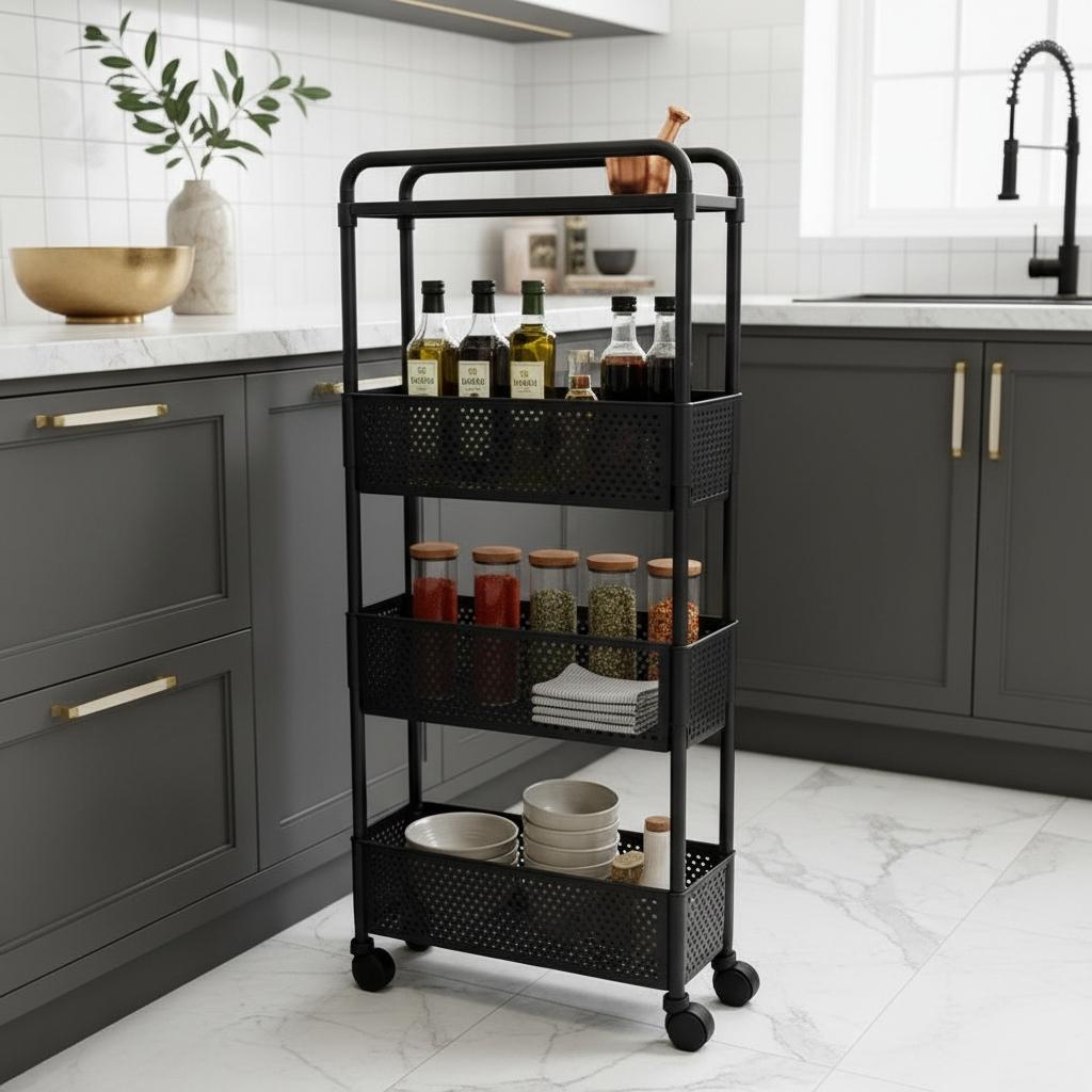 Desserte cuisine à roulettes pots bouteilles accessibles SlimSpace 20cm largeur