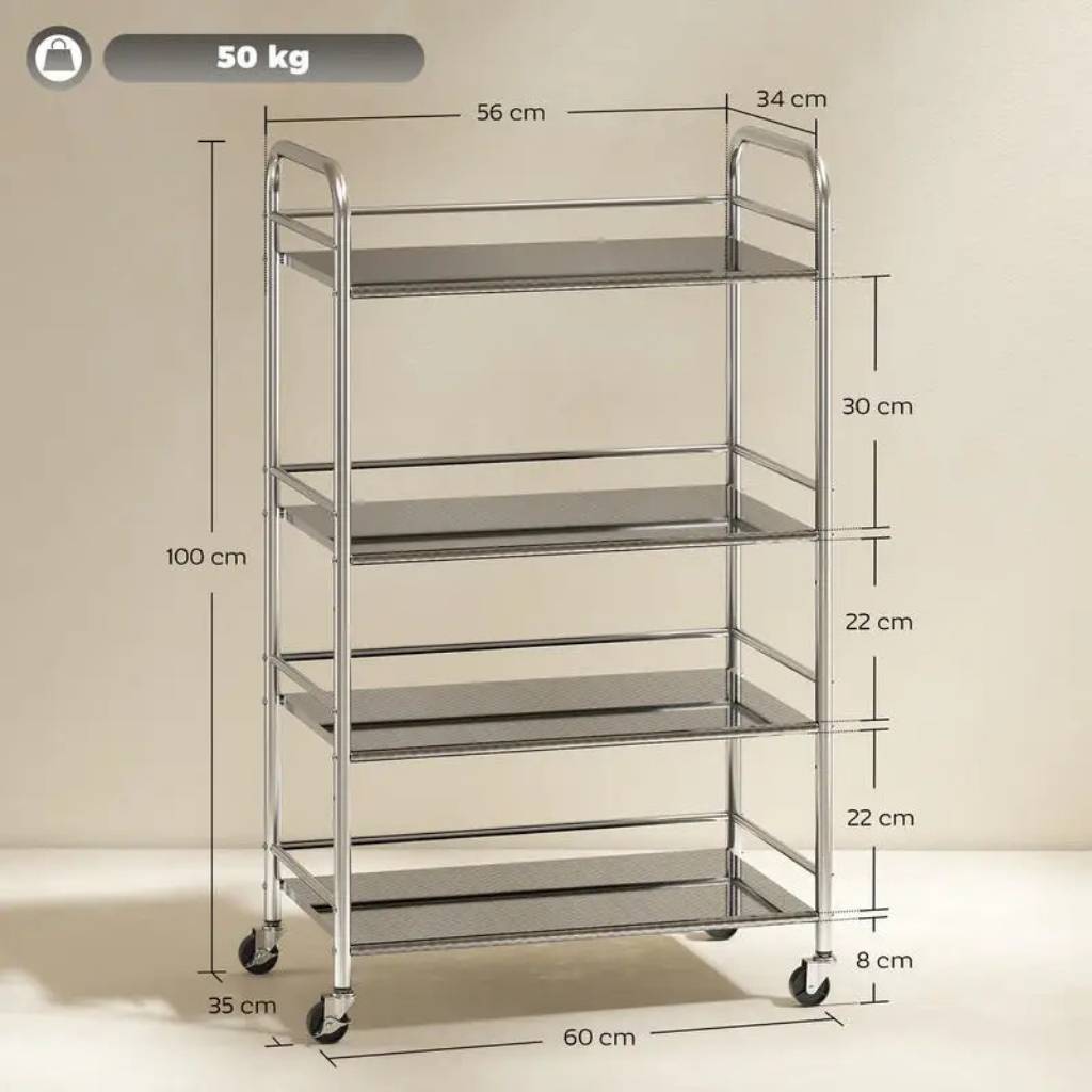 Desserte cuisine en inox argentée 60x35x100cm 4 niveaux modulables