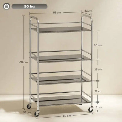 Desserte cuisine en inox argentée 60x35x100cm 4 niveaux modulables