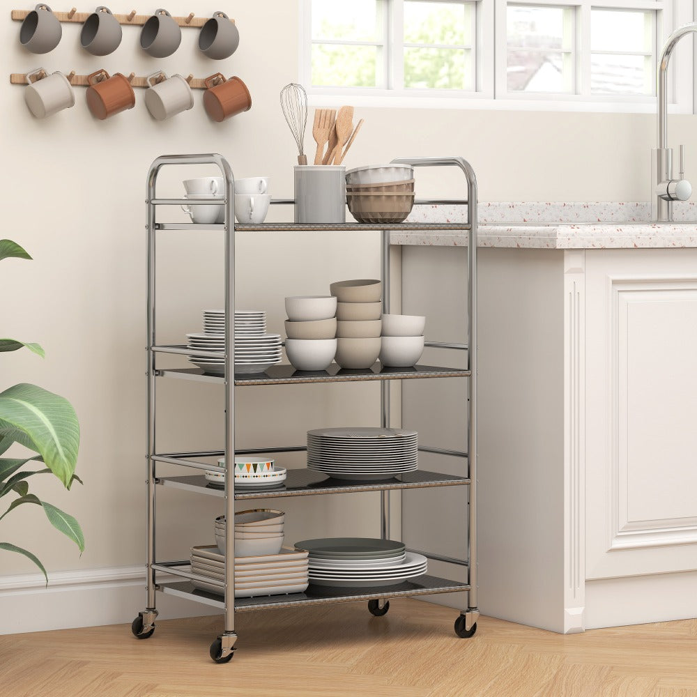 Desserte cuisine en inox rebords anti-chute surélevés 4niveaux modulables
