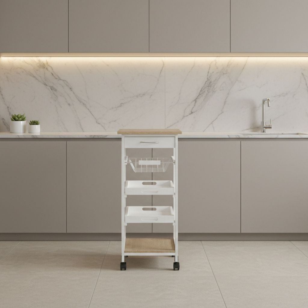 Desserte cuisine sur roulettes blanc chêne style intemporel moderne KitchyMove