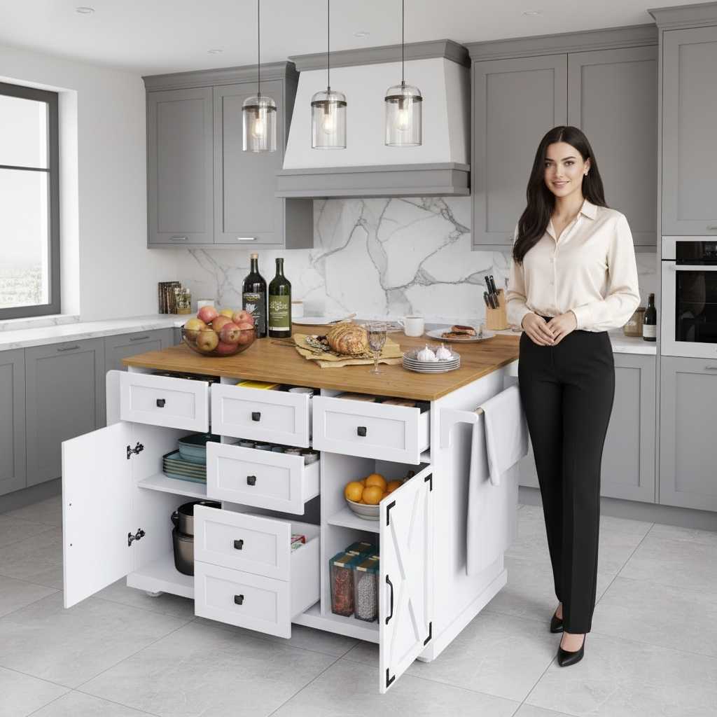 Desserte ilot cuisine blanche femme prépare repas plan travail Ilotia