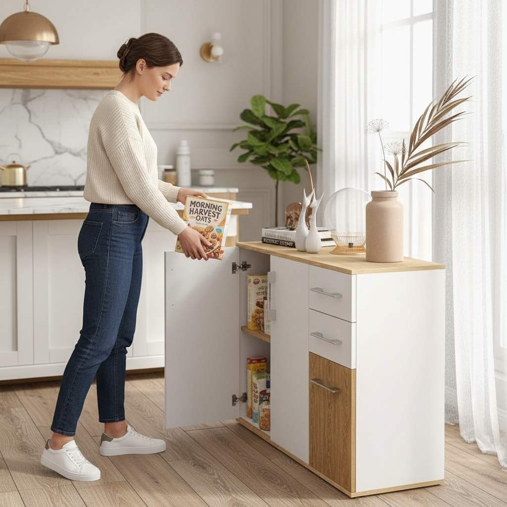 Dessertes de cuisine ouvertes par femme récupère boite céréales multifonction