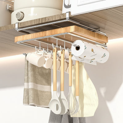 Etagere cuisine suspendue gris acier large un niveau crochets