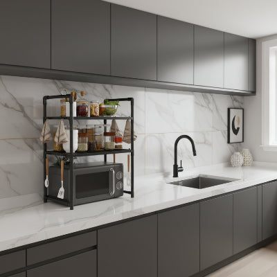 etagere pour micro onde 3 niveaux rangement cuisine ProOrganize noir