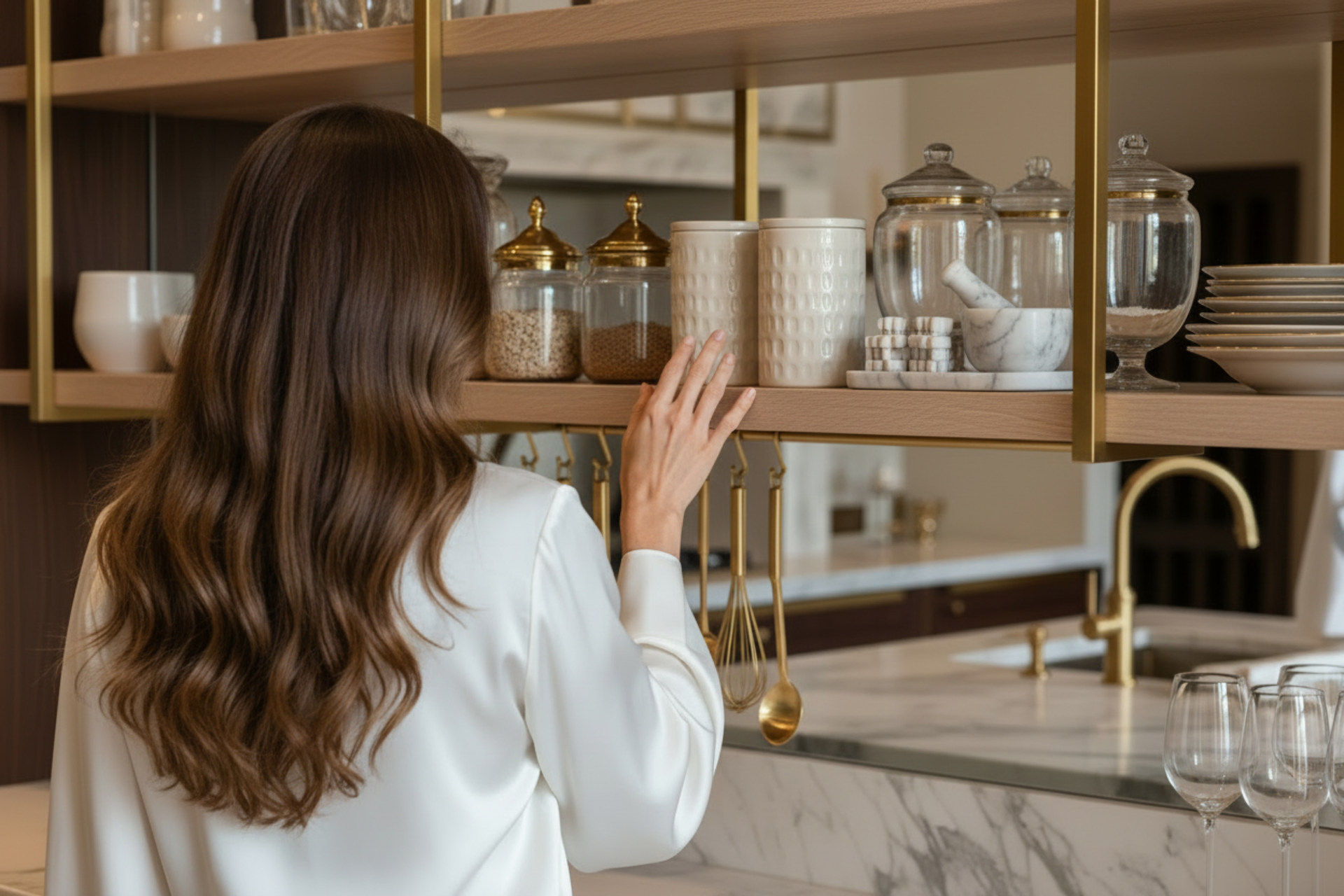 Femme prenant pot sur étagère cuisine moderne organisée élégante