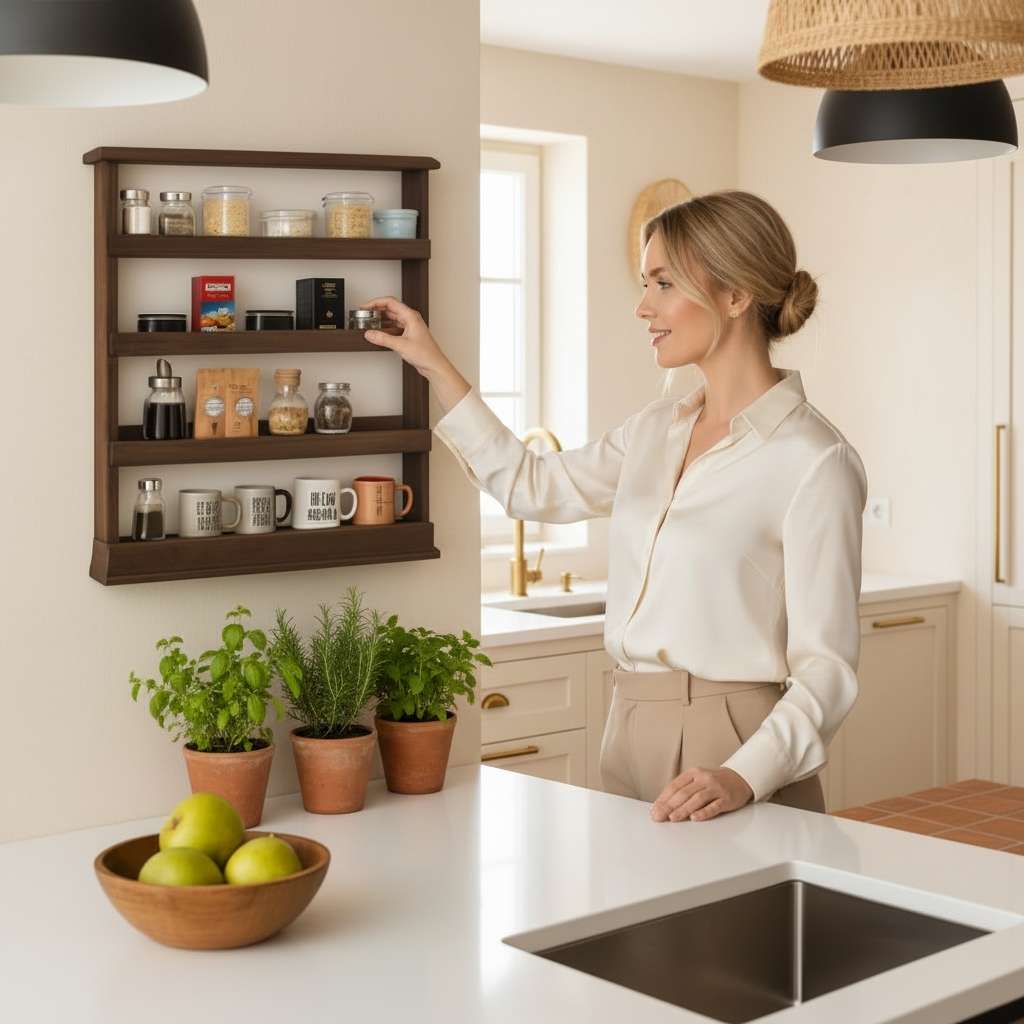 Meuble à épices femme cuisine épices visibles en un geste