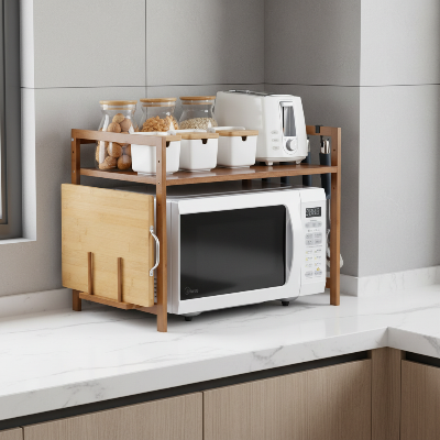 micro onde etagere en bois marron version simple avec 4 crochets