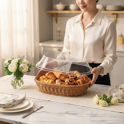 Panier à pain femme posant pains croissants ferme Couvercle transparent
