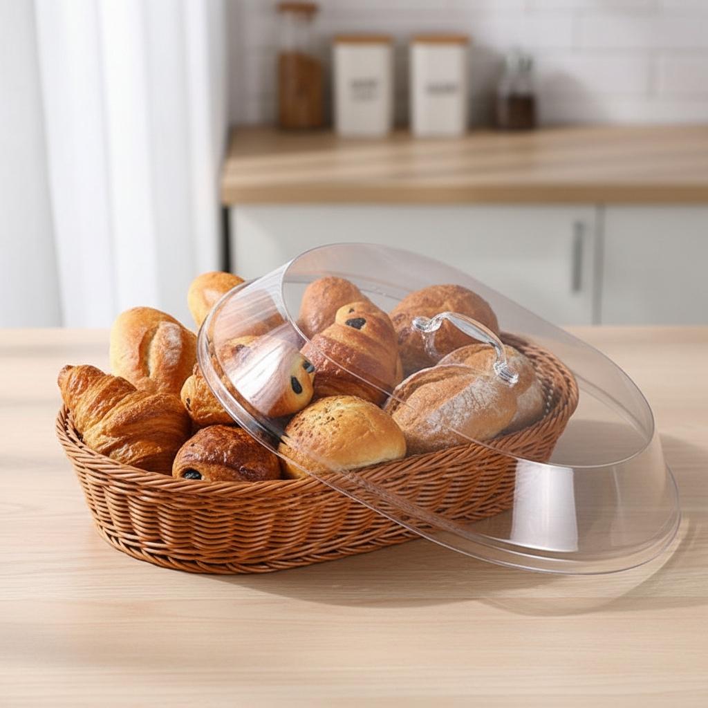 Panier à pain ovale rotin couvercle transparent plastique alimentaire poignée 