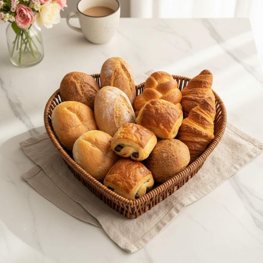 Panier pain cœur plastique imitation rotin durable rempli pains croissants