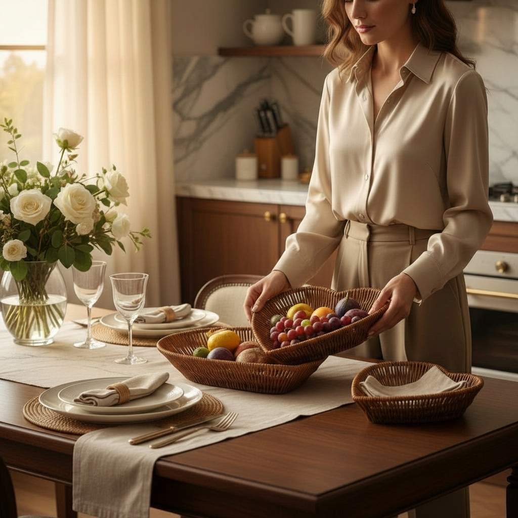 Panier pain polyvalent pain fruits biscuits présentation table Rotin Cœur