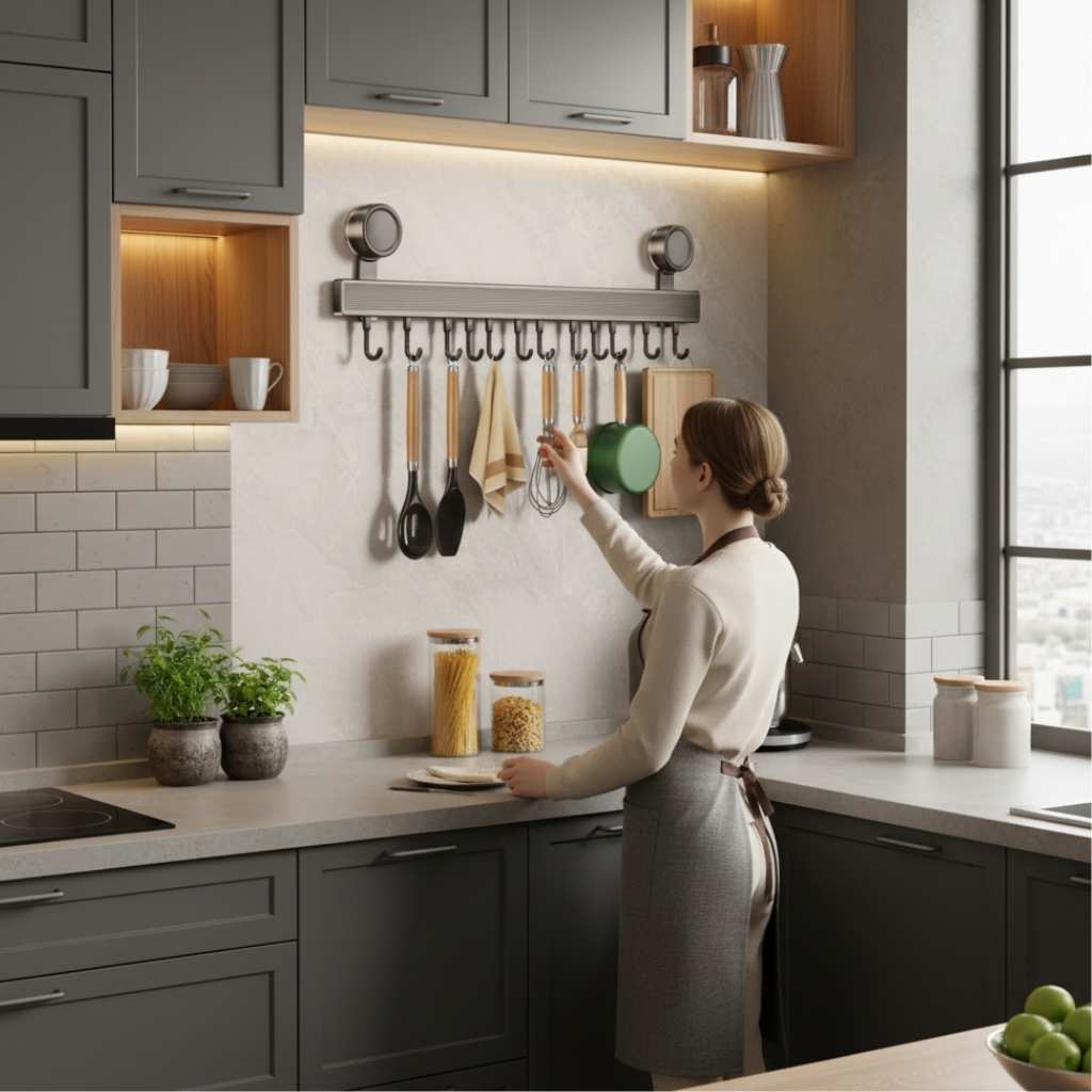 Porte ustensiles cuisine mural femme attrape louche instinctivement Aluminium ajustable