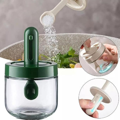 pot à epices verre couvercle vert ouverture large cuillère intégrée