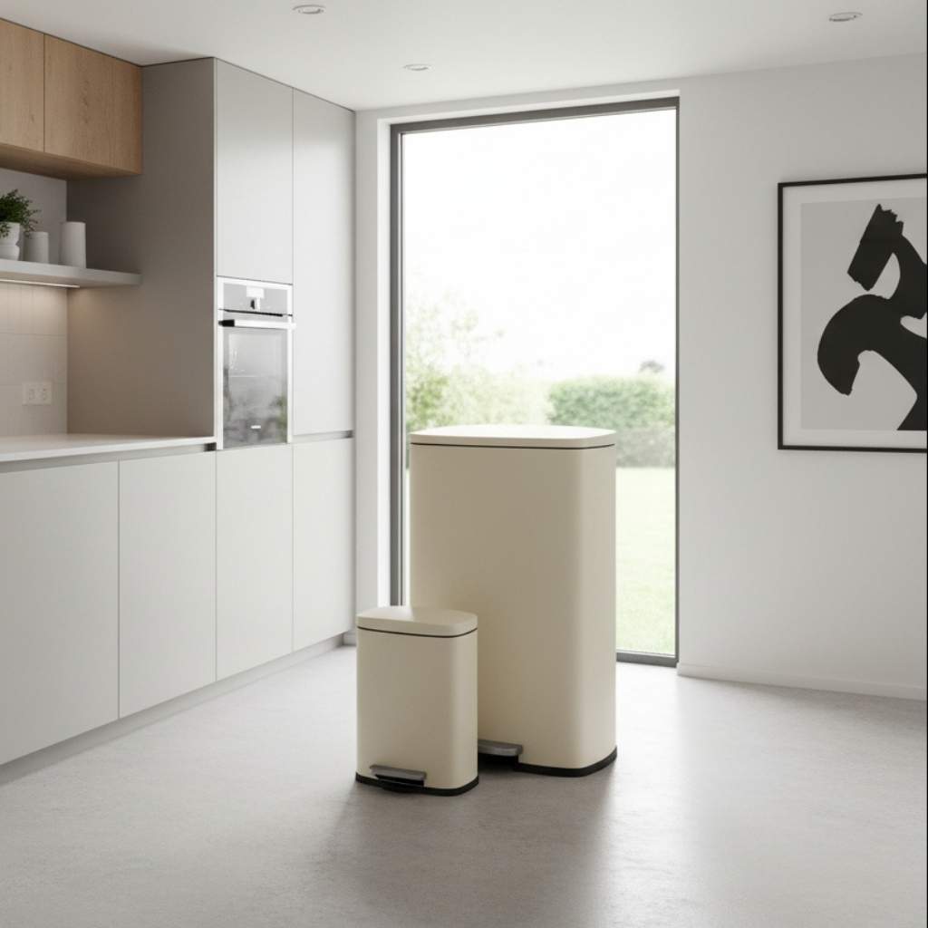 Poubelle 50l design pédale acier inox beige avec poubelle 5l