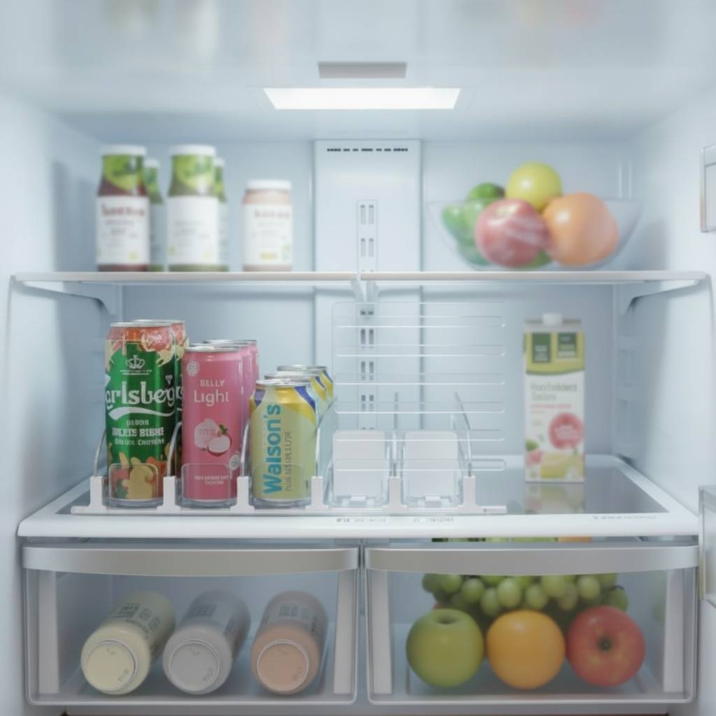 Rangement canettes frigo glisse en forme de e 5 rails