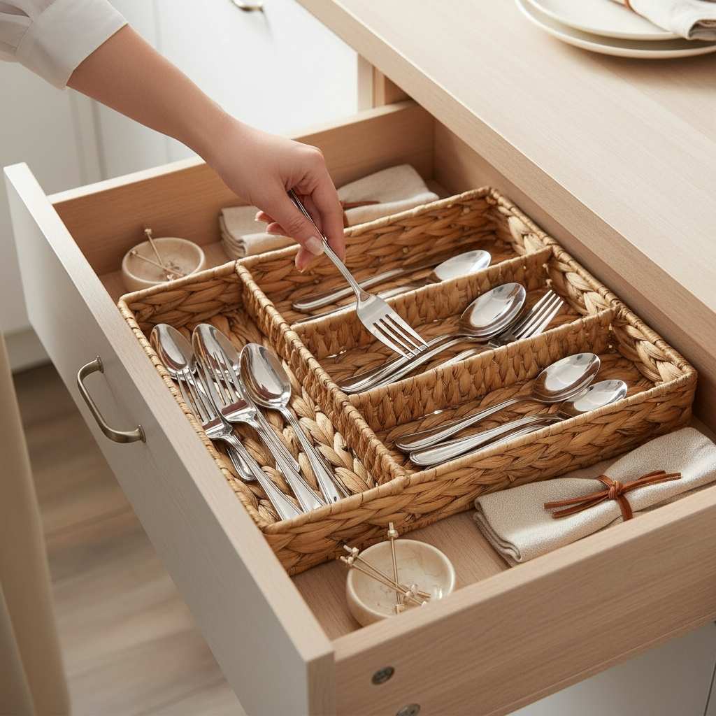 Rangement des couverts 4 compartiments femme saisit fourchette Jacinthe Naturel