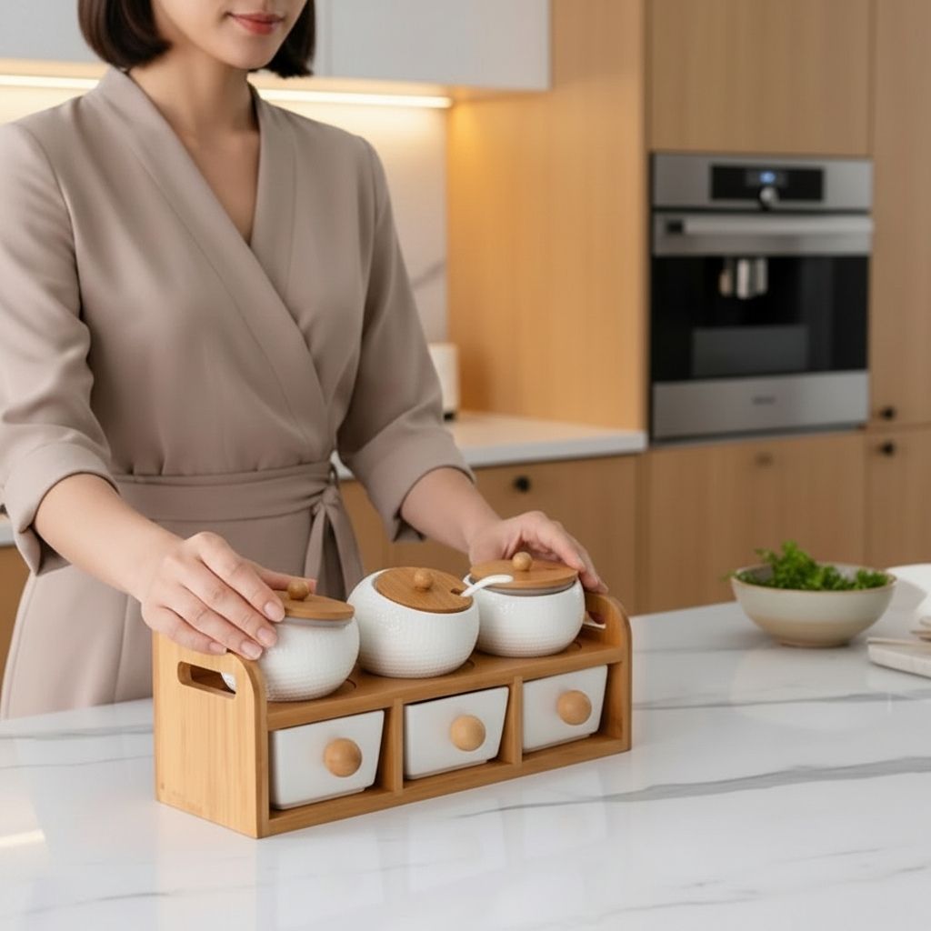 Rangement épices bambou céramique blanche 3 pots 3 tiroirs HarmonieÉpicée
