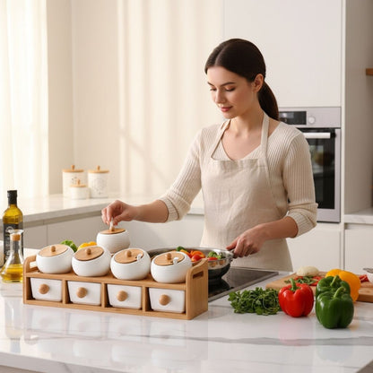 Rangement épices bambou céramique blanche 4 pots 4 tiroirs HarmonieÉpicée