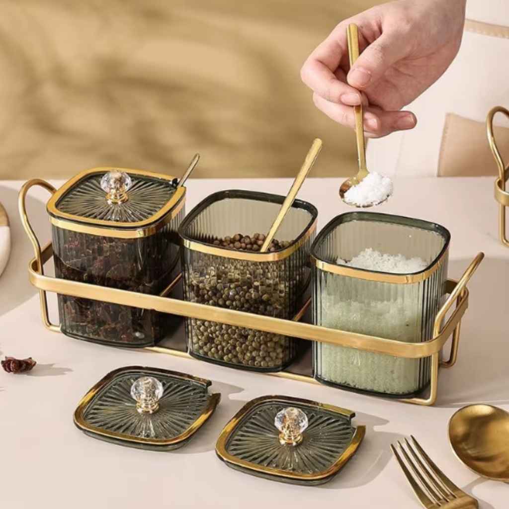 Rangement épices original 3 cuillères doseuses dorées intégrées Oréane  