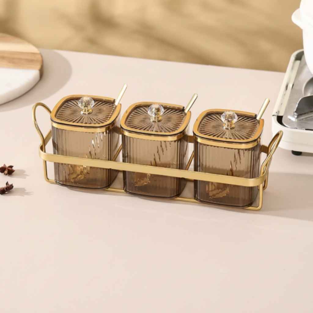 Rangement épices original support doré 3 pots gris cuillères Oréane  