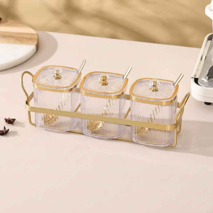 Rangement épices original support doré 3 pots transparent cuillères Oréane