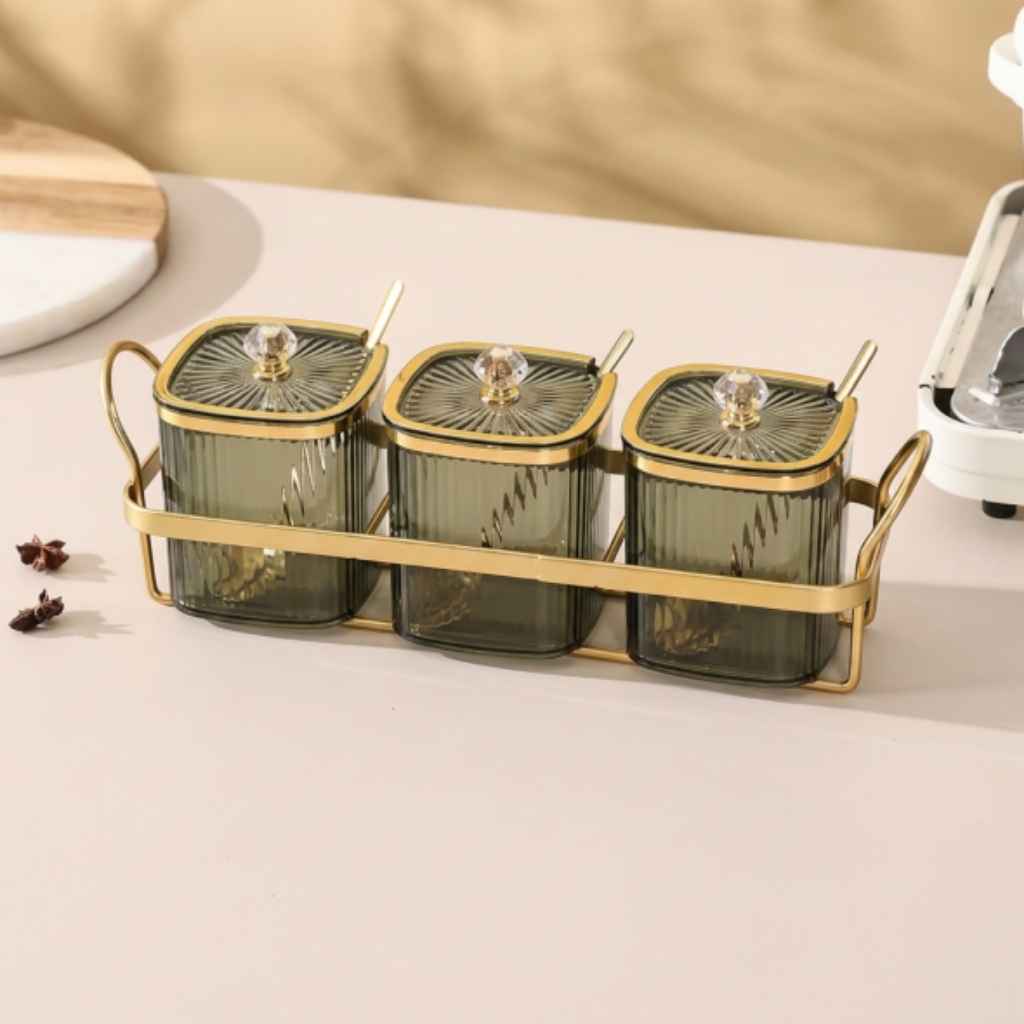 Rangement épices original support doré 3 pots vert cuillères Oréane