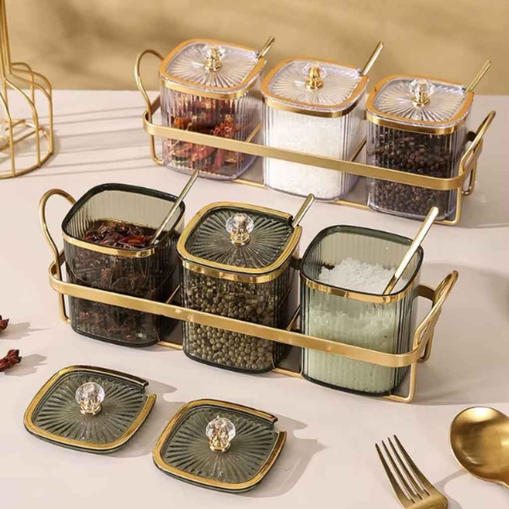 Rangement épices original transparent vert support avec 3 pots Oréane  